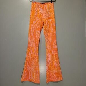 Zara Flare Pull On Knit Pants Boho Paisley, Women's Size S, Pink And Orange